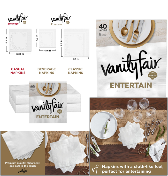 Vanity Fair Entertain Paper Napkins, 320 Count, Disposable Napkins Made For Entertaining And Events