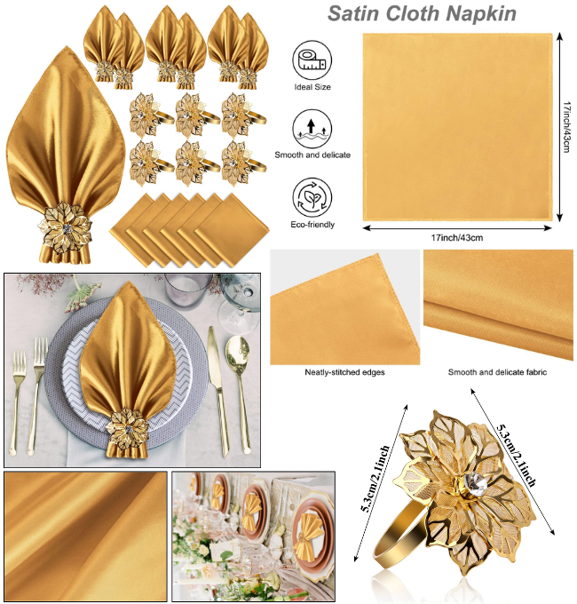 VIJIV 12 Pack Cloth Napkins and Gold Napkin Rings Set of 6, 17x17 Square Satin Dinner Table Napkins Rings Flower Personalized Napkins Bridal Shower Napkins for Wedding Reception Party Decorative