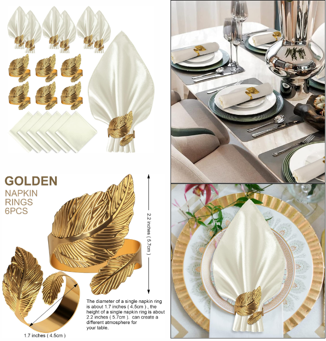 VIJIV 12 Pack Cloth Napkins and Gold Napkin Rings Set of 6, 17x17 Square Satin Dinner Table Napkins Rings Leaf Personalized Napkins Bridal Shower Napkins for Wedding Reception Party Decorative