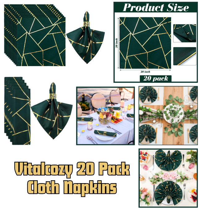 VitalCozy 20 Pack Cloth Napkins 20 x 20 Inch Dinner Napkins Square Gold Foil Geometric Pattern Polyester Table Cocktail Napkins Set for Wedding Party Home Restaurant Holiday(Dark Green)