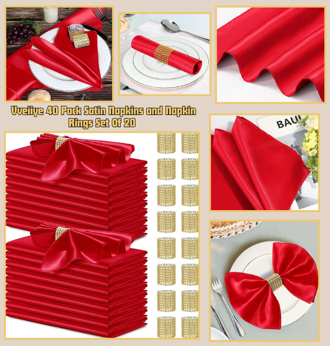 vveiiye 40 Pack Satin Napkins and Napkin Rings Set of 20 Red Satin Table Napkins 17 x 17 Inch, 20Pcs Silky Cloth Napkins for Wedding Party Banquets Dinner