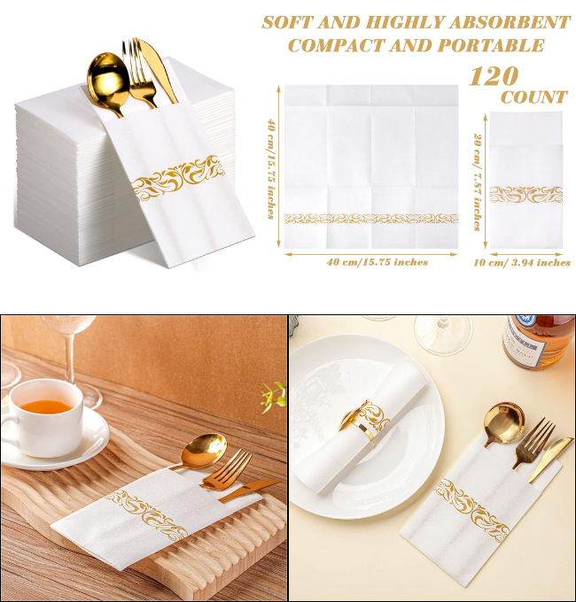 WILLBOND 120 Pcs Disposable Linen Feel Dinner Napkins with Built-in Flatware Pocket Disposable Cloth Like Napkins Absorbent Paper Napkins for Parties Weddings Dinners or Events(White, Gold,Elegant)