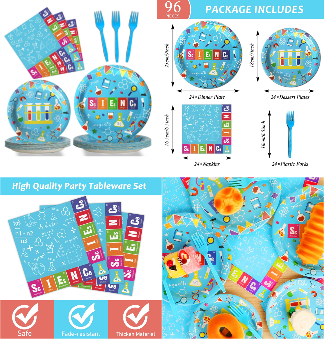 Wiooffen 96 Pcs Science Party Party Supplies Pack Mad scientist Party Tableware Set Party Decorations Little Scientist Birthday Paper Plate Napkin Fork 24 Guests