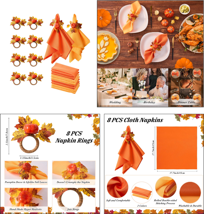 WORTHYEAH Fall Napkins, Fall Napkins Set of 16, Thanksgiving Napkin Rings Set of 8 PCS & 8 PCS Fall Cloth Napkins for Thanksgiving Table Decorations, Fall Banquet, Holiday Dinner Party