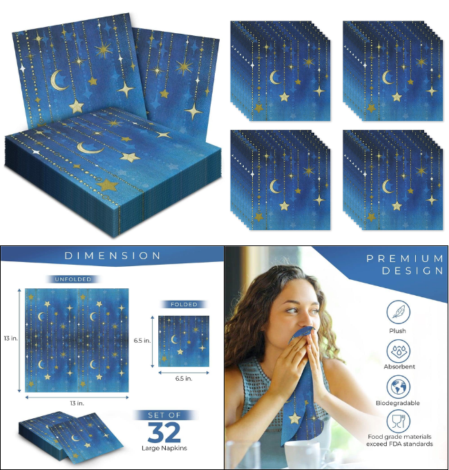 Havercamp Starry Night Luncheon Napkins (32 pack!) 32 Beautifully Printed Large Luncheon Napkins- Coordinates with Starry Night Party Collection.