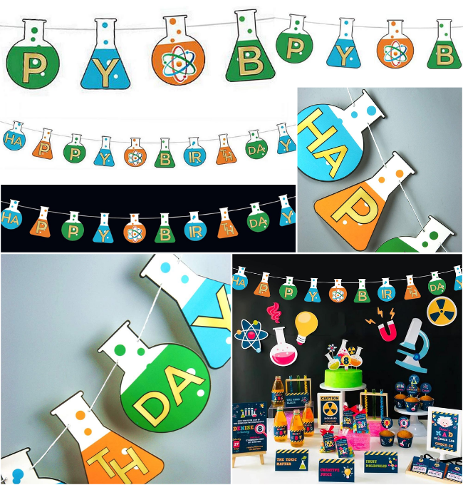 YiiiGoood Science Theme Happy Birthday Paper Banner For Kids Birthday Party