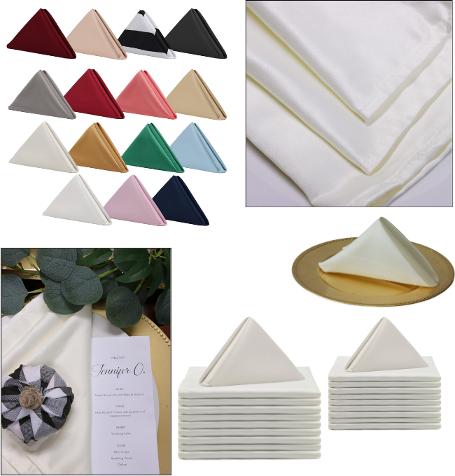 YOUR CHAIR COVERS - 10 Pack 20 Inch L'Amour Satin Napkins Ivory, Oversized, Double Folded and Hemmed Table Napkins for Restaurant, Bistro, Wedding, Thanksgiving and Christmas