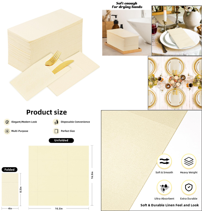 KAMMAK Dinner Napkins Disposable Cream Beige Cloth like Paper Napkins Folded with Pocket 100 Pack Thick Napkins Hand Guest Towel for Christmas, Party, Wedding, Bathroom and Events (16.5 x 16.5 inch)