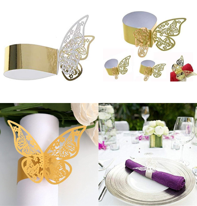 Lavandi 100pcs 3D New Butterfly Paper Napkin Rings Weddings Party Serviette Table Decoration Restaurant (Gold)