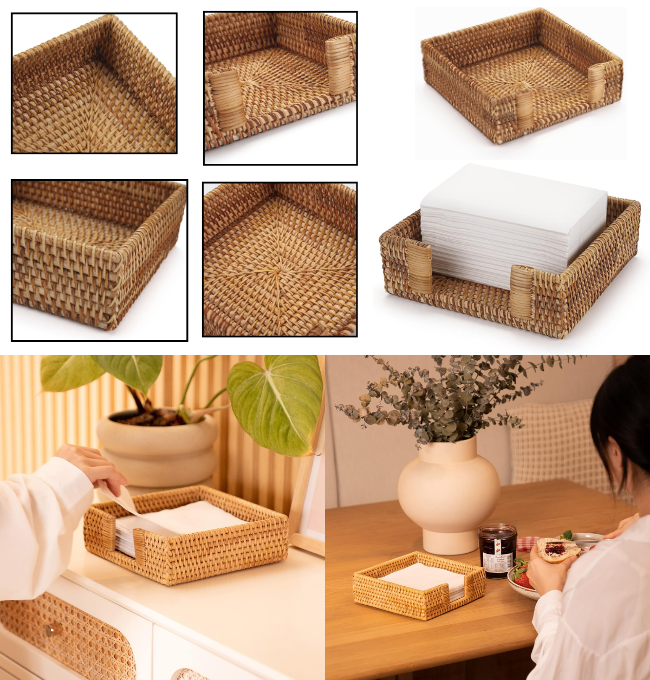 Rattan Napkin Holder Square, Napkin Holders for Paper Napkins, 7.5" x 7.5" x 2.5", Wicker Napkin Tray, Woven Guest Towel Holder for Restaurant/Kitchen/Bathroom Napkin Holder for Table