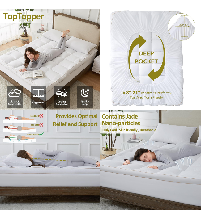 TopTopper Mattress Topper Queen size, Cooling Mattress Pad Cover for Hot Sleepers, Extra Thick 5D Snow Down Alternative Overfilled Plush Pillow Top with 8-21 Inch Deep Pocket - 60