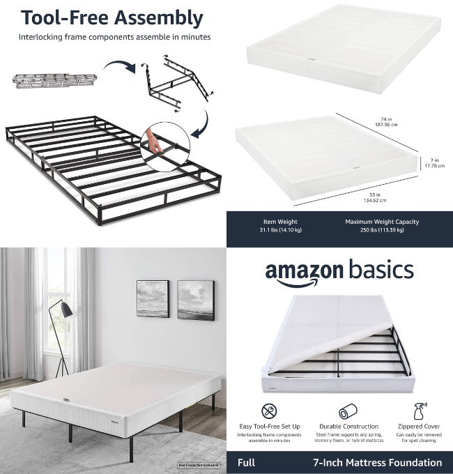 Amazon Basics Smart Box Spring Bed Base, Extra Firm Memory Foam Mattress Foundation, Tool-Free Easy Assembly, Full, White, 74 x 53 x 7 inches