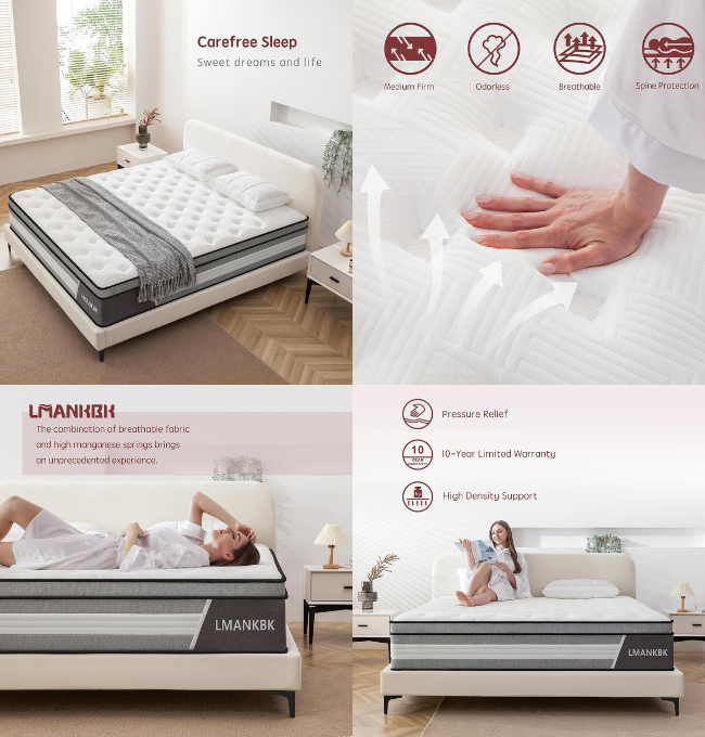 LMANKBK Queen Mattress, 14 Inch Innerspring Hybrid Mattress in a Box with Gel Memory Foam, Individually Wrapped Encased Coil Pocket Spring Mattress, Pressure Relief, Medium Firm Support,60