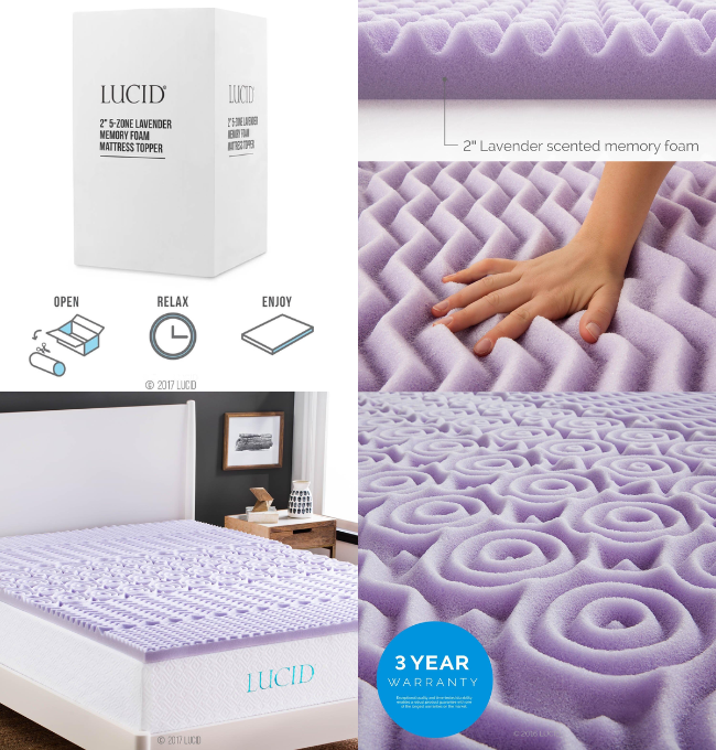 LUCID 2 Inch 5 Zone Lavender Memory Foam Twin XL Mattress Topper