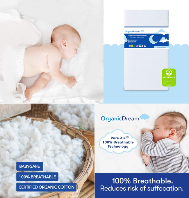 Organic Dream Crib Mattress + Toddler Bed - 100% Breathable Proven to Reduce Suffocation Risk, Hypoallergenic, GREENGUARD Certified - Lightweight 2-Stage Removable Cover - Deluxe 6