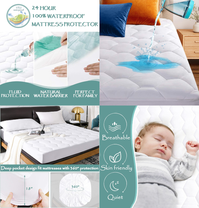 2 Pack Twin XL Quilted Waterproof Mattress Pad Cover,Soft Mattress Pad Cover, Waterproof Mattress Protector Stretches up to 16” Deep Pocket-Hollow Alternative Filling-Cooling Mattress Topper