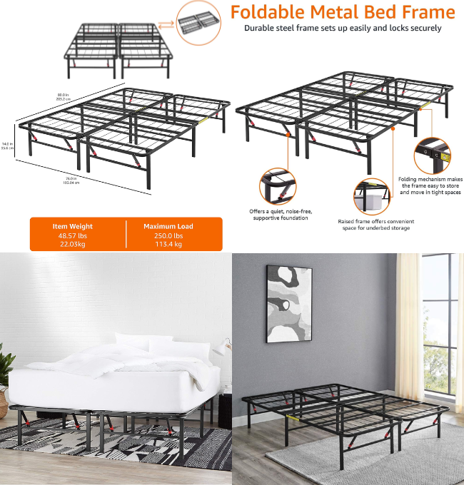 Amazon Basics Foldable Metal Platform Bed Frame with Tool Free Setup, 14 Inches High, Sturdy Steel Frame, No Box Spring Needed, King, Black