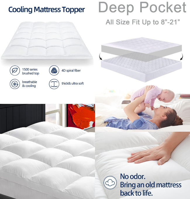 Cooling Mattress Topper Queen for Back Pain, Extra Thick Mattress Pad Cover, Plush Pillow Top Overfilled with Down Alternative, Deep Elastic Pocket, White