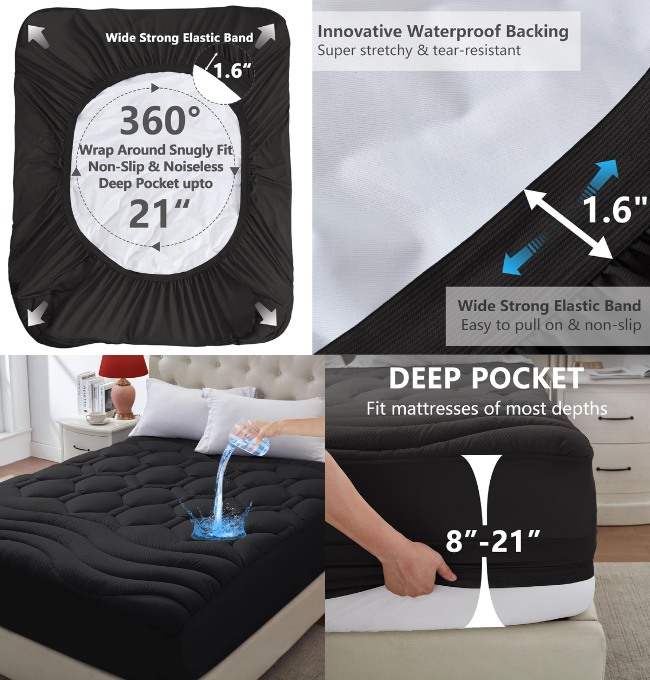 ELVEN HOME King Size Mattress Pad Waterproof Soft Cooling King Mattress Topper Noiseless Urine Proof Mattress Protector Cover Breathable Quilted Fitted Mattress Pad Deep Pocket 8-21”, Black