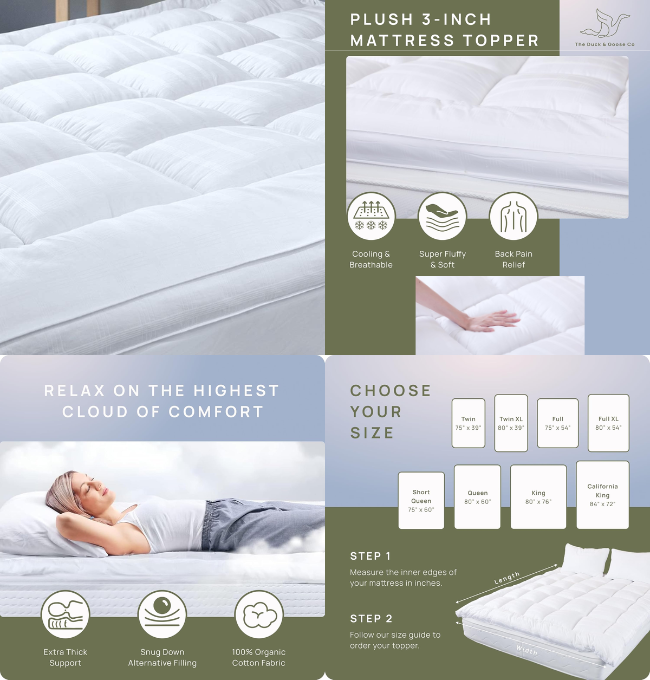 Extra Thick Pillow Top 3 Inch Mattress Topper Queen Size for Firm Mattress, Cooling Fluffy Cotton Hotel Mattress Bed Topper for Cloud Like Sleep & Back Pain, Plush Soft Pad, Fit to 6”-22” Mattress