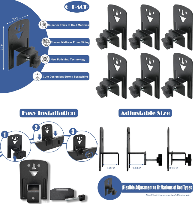 Mattress Gaskets for Metal Bed Frame Non Slip Mattress Holder Mattress Stoppers to Prevent Sliding 6pcs Anti-Slip Baffle Extra Heavy Duty Mattress Retainer Bar for Adjustable Bed