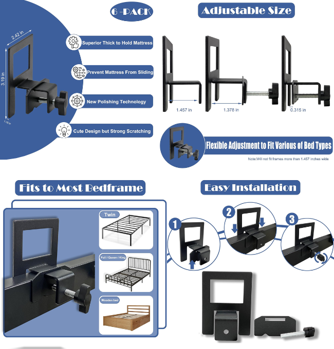 Mattress Slide Stopper to Keep Mattress from Sliding Extra Thick Mattress Holder for Metal Bed Frame 6 Pcs Mattress Retainer Bar for Twin Full King Queen Bed Frame