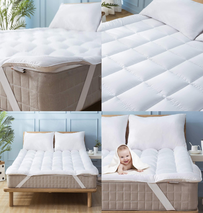 Mattress Topper Queen Bed Size Quilted Down Alternative Anchor Band 4 Corner Elastic Protector Reviver Enhancer Extra Deep Fits 20 Inches Soft White Bed Cover