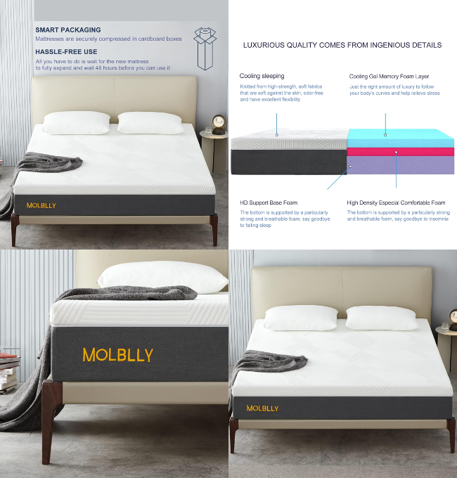 Molblly 12 Inches King Size Mattress, Gel Memory Foam Mattress in a Box, Back Pain Relief ＆ Cool Bed, 10-Year Support Mattress, Fiberglass Free, Ultimate Motion Isolation, Premium King Bed