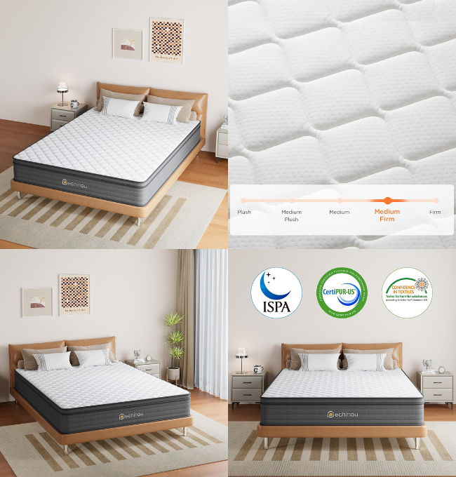 PECHINOU Queen Mattress, 10 INCH Queen Size Hybrid Mattress in a Box with Gel Memory Foam, Medium Firm Support, Pressure Relief, Motion Isolation, CertiPUR-US