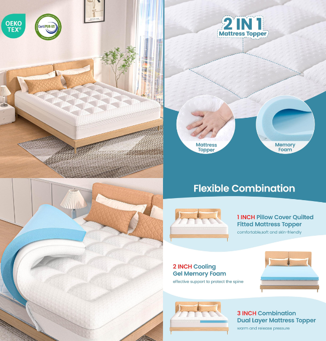 Pillow Top Mattress Topper Queen Size, AprLeaf 3 Inch Dual Layer Mattress Topper, 1 Inch Cooling Pillow Topper and 2 Inch Gel Memory Foam Mattress Topper for Back Pain