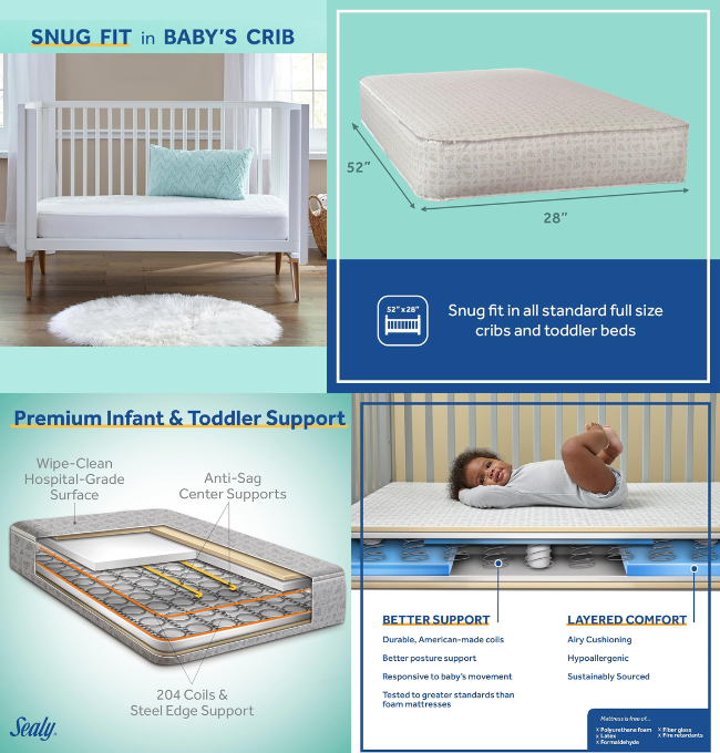 Sealy Baby Firm Rest Antibacterial 2-Stage Dual Firmness Waterproof Baby Crib Mattress & Toddler Bed Mattress, 204 Premium Coils, Medical-Grade Surface, Hypoallergenic, Made in USA, 52