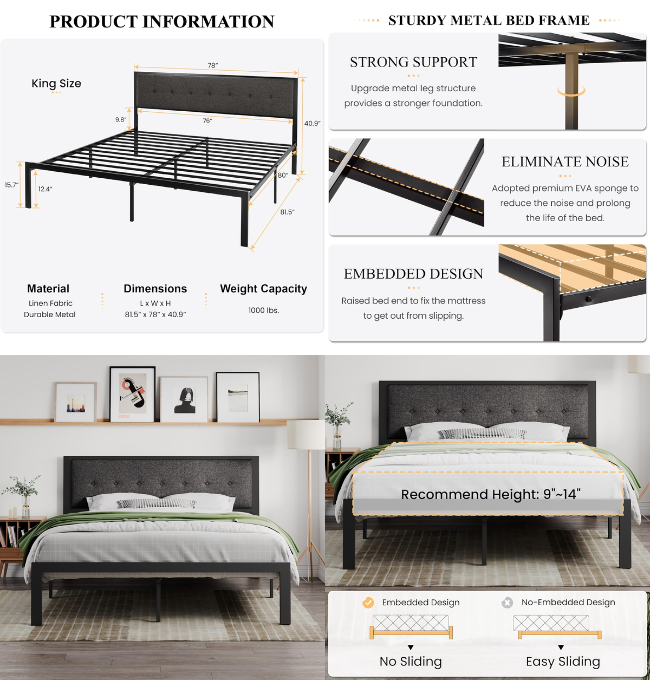 SHA CERLIN King Size Bed Frame with Upholstered Headboard, Platform Bed Frame with Metal Slats, Button Tufted Square Stitched Headboard, Noise Free, No Box Spring Needed, Easy Assembly, Dark Grey