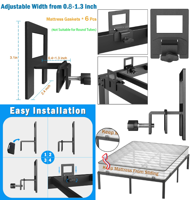 SHLAND Non Slip Mattress Gaskets for Metal Bed Frame,6 PCS Mattress Holder in Place Gripper,Keep Mattress from Sliding, Adjustable Anti-Slip Baffle, Black