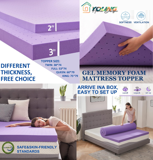 SINWEEK 2 Inch Gel Memory Foam Mattress Topper Ventilated Soft Mattress Pad, Bed Topper, CertiPUR-US Certified, Queen Size, Purple