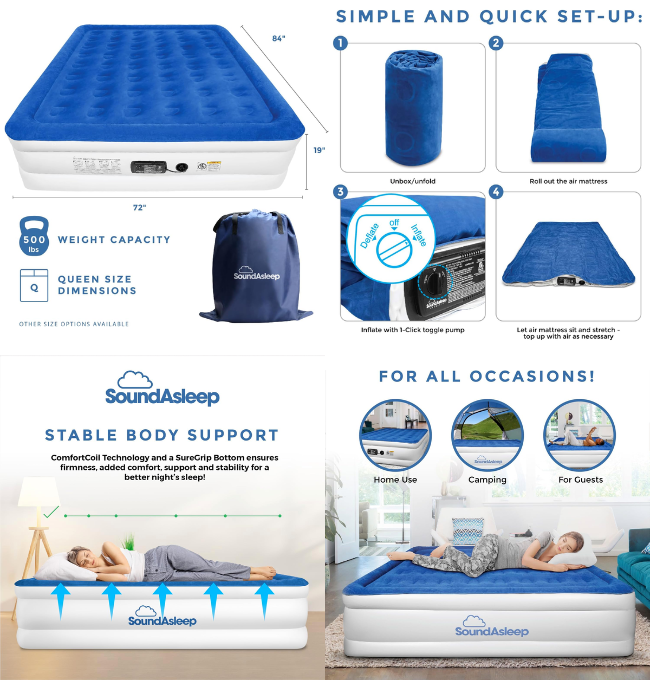 SoundAsleep Dream Series Luxury Air Mattress with ComfortCoil Technology & Built-in High Capacity Pump for Home & Camping- Double Height, Adjustable, Inflatable Blow Up, Portable - King Size