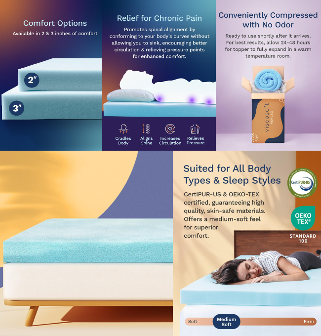 ViscoSoft Memory Foam Mattress Topper King - 3 Inch Reflex Cooling Gel Mattress Pad - CertiPUR-US - Oeko TEX Certified