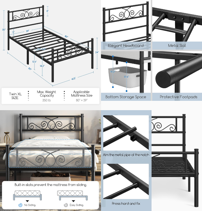 Yaheetech King Bed Frames Metal Platform Bed with Headboard and Footboard No Box Spring Needed Easy Assembly,Ground Clearance: 12.6''/Black/King Bed