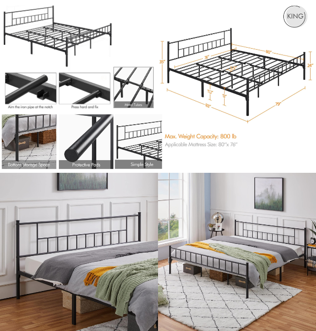 Yaheetech King Size Metal Bed Frame with Headboard and Footboard Platform Bed Frame with Storage No Box Spring Needed Mattress Foundation for Adults Black