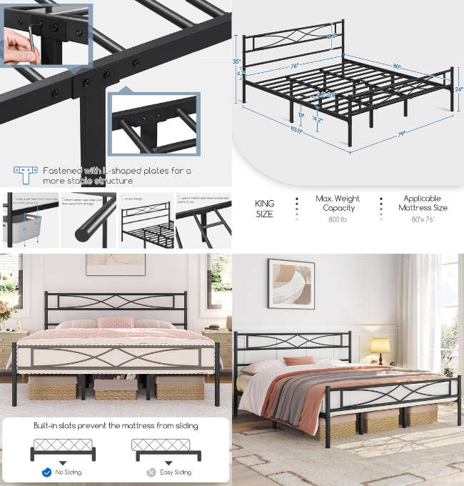 Yaheetech Metal King Size Bed Frame, Platform Bed Frame, Mattress Foundation with Curved Design Headboard & Footboard, NO Box Spring Needed, Heavy-Duty Support, Easy Assembly, King, Black